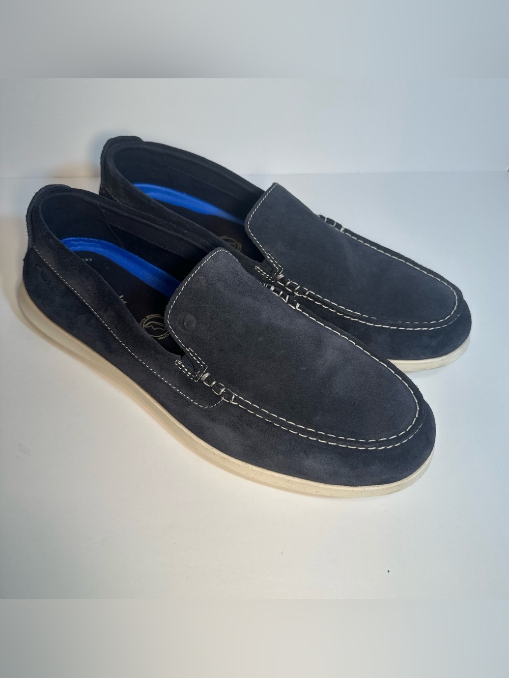 Clarks Men's Navy Suede Slip-On Loafers with Contrast Stitching
